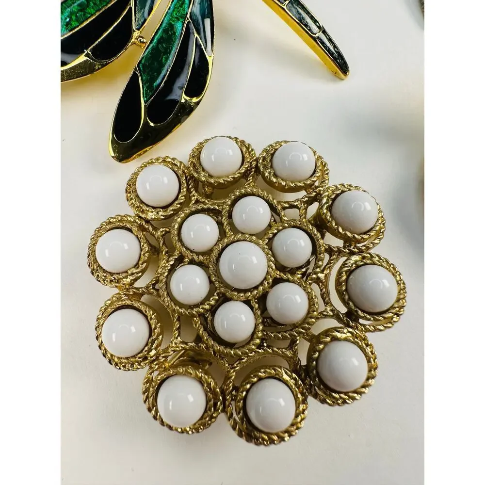 Vintage Enamel and Bead Brooch Pin Bundle Apple, Dragonfly, Sunburst